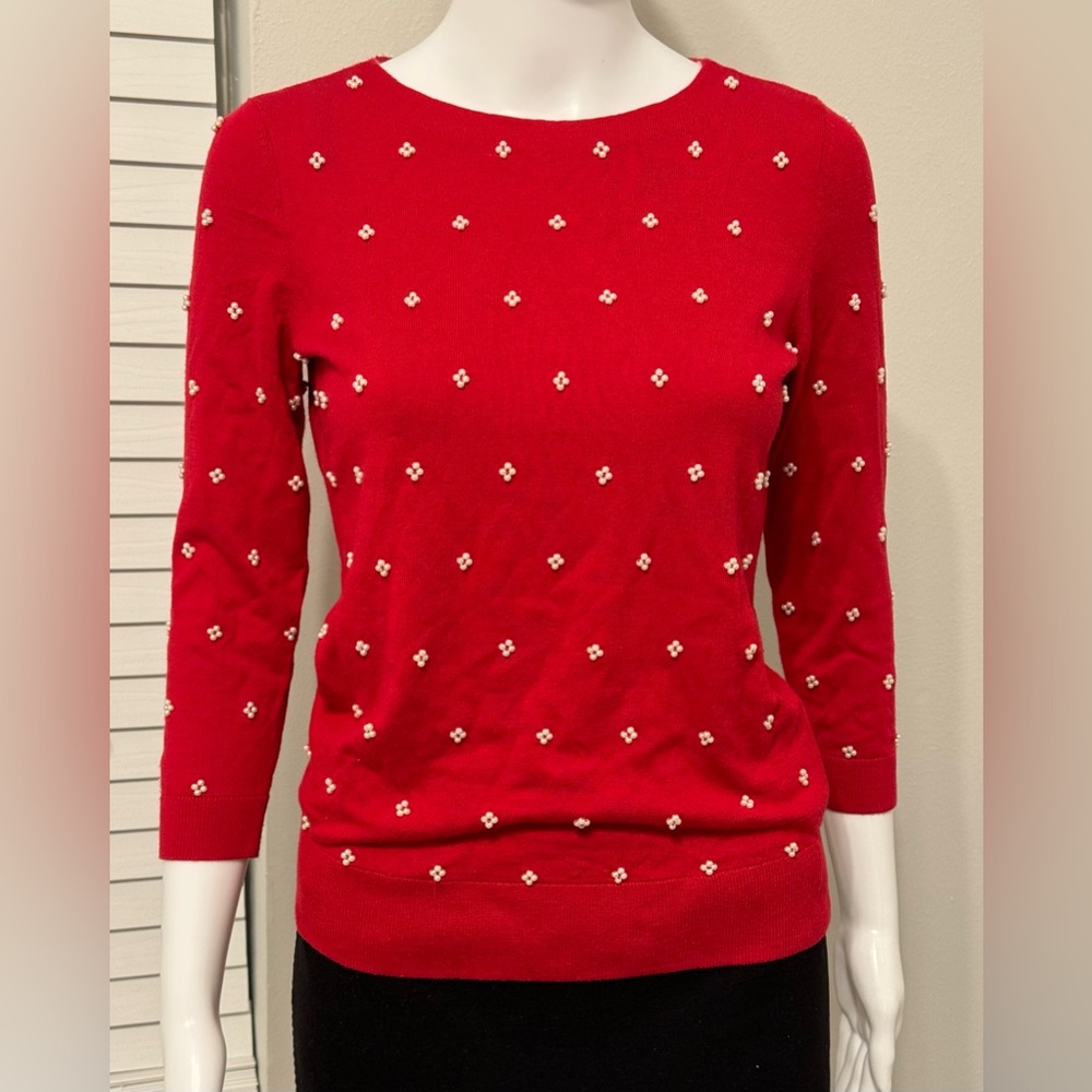 Talbots women's sweater size XS. Red with 3/4 sleeves. Embroidered with white